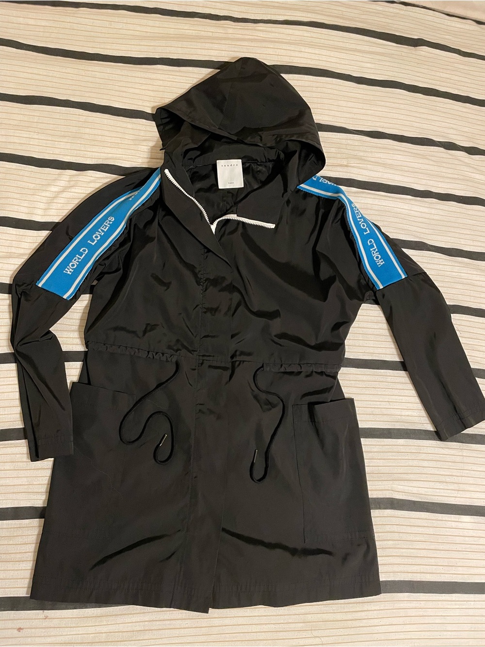 Sandro Black Hooded Anorak with Blue Shoulder Stripes